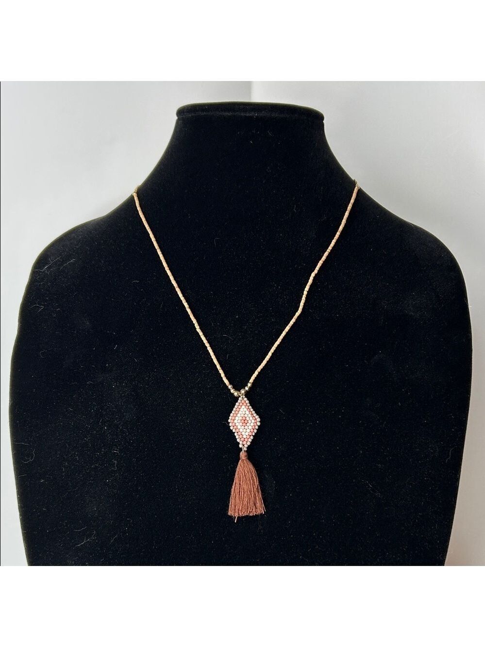 Creative Co-Op Diamond Beaded Necklace with Brown Tassel